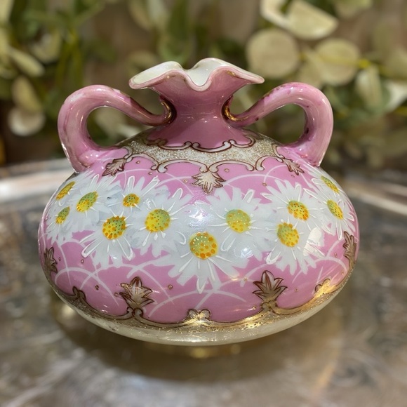 Antique Other - Antique Japan Nippon Vase Daisies Hand Painted Moriage Beaded Pink Handled Squat